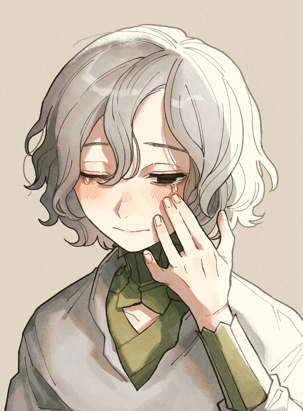 1boy bags_under_eyes black_eyes blush dungeon_meshi elf gorget green_shirt grey_background grey_hair happy_tears highres kinakotatu long_sleeves looking_down male_focus mithrun notched_ear one_eye_closed pointy_ears shirt short_hair simple_background smile solo tearing_up tears tunic upper_body wavy_hair wiping_tears