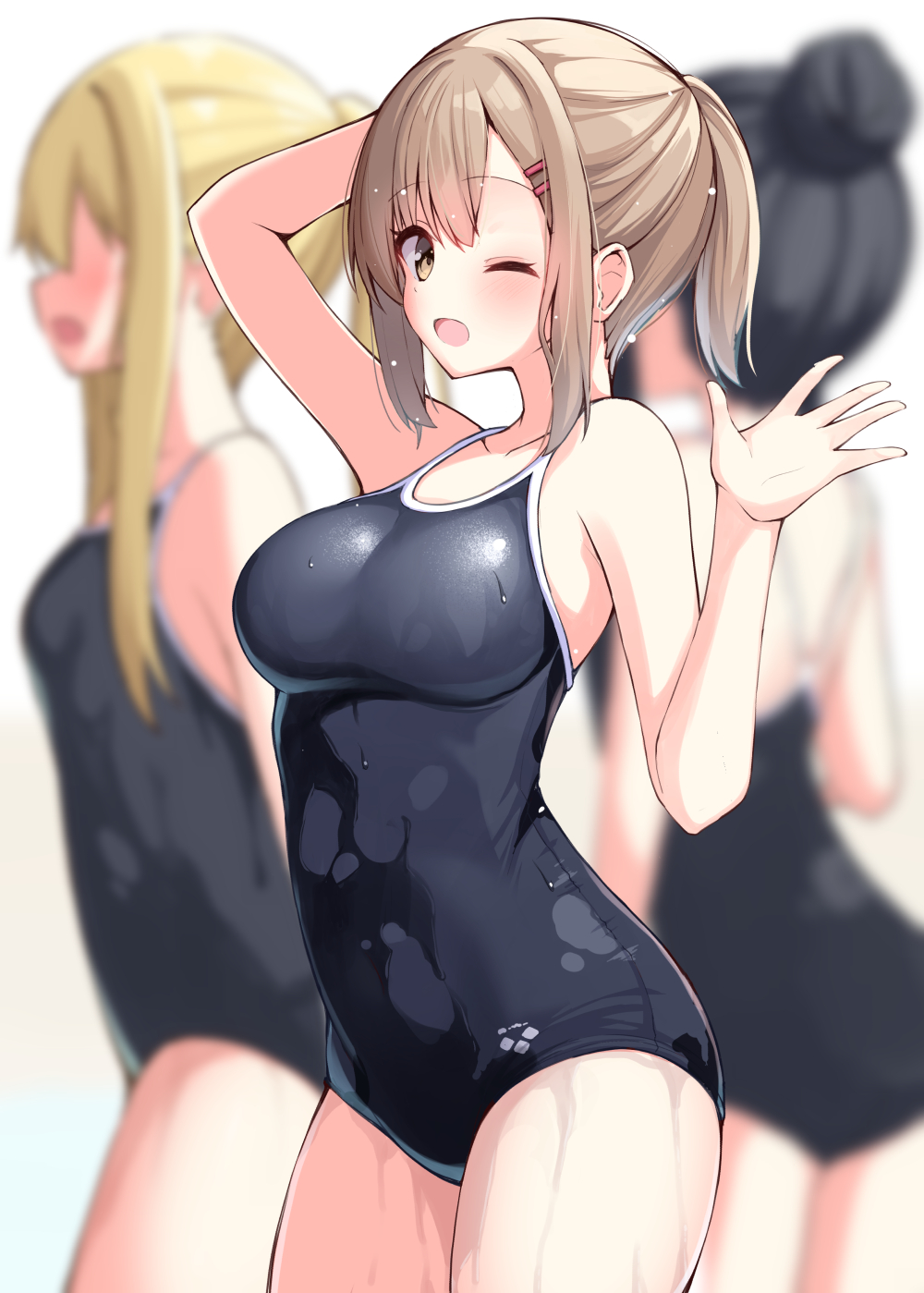 3girls ;d arena_(company) arm_behind_head arm_up bare_arms bare_shoulders black_hair black_one-piece_swimsuit blonde_hair blurry blurry_background blush breasts brown_eyes brown_hair childhood_friend_(ominaeshi) commentary_request competition_school_swimsuit covered_navel depth_of_field faceless faceless_female hair_between_eyes hair_bun hair_ornament hairclip highres long_hair looking_at_viewer medium_breasts multiple_girls ominaeshi_(takenoko) one-piece_swimsuit one_eye_closed open_mouth original ponytail school_swimsuit smile standing swimsuit white_background