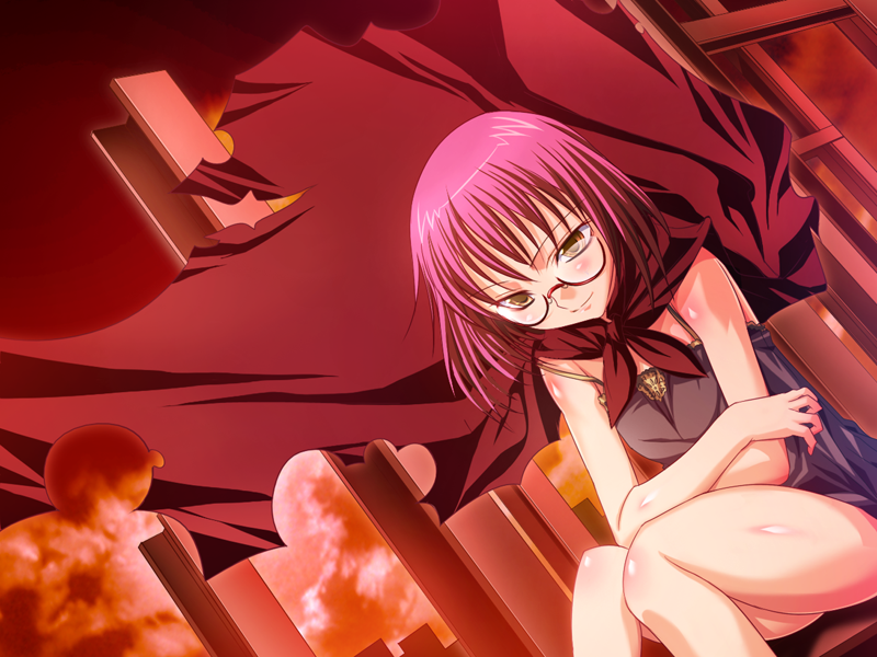 1girl brown_eyes cape game_cg glasses harem_party kubota_anzu pink_hair short_hair