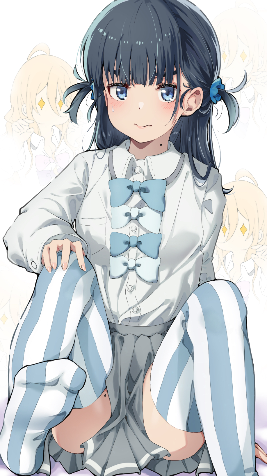 1girl aokaly basori_tiara black_hair blue_bow blue_bowtie blue_eyes blue_thighhighs blush bow bowtie closed_mouth collared_shirt commentary feet flower grey_skirt hair_behind_ear hair_flower hair_ornament hand_on_own_knee highres long_hair long_sleeves looking_at_viewer make_heroine_ga_oo_sugiru! miniskirt mole mole_on_neck mole_on_thigh official_alternate_hairstyle pleated_skirt school_uniform shirt sitting skirt solo striped_clothes striped_thighhighs summer_uniform thighhighs tsuwabuki_high_school_uniform two-tone_thighhighs two_side_up vertical-striped_clothes vertical-striped_thighhighs white_shirt white_thighhighs zettai_ryouiki