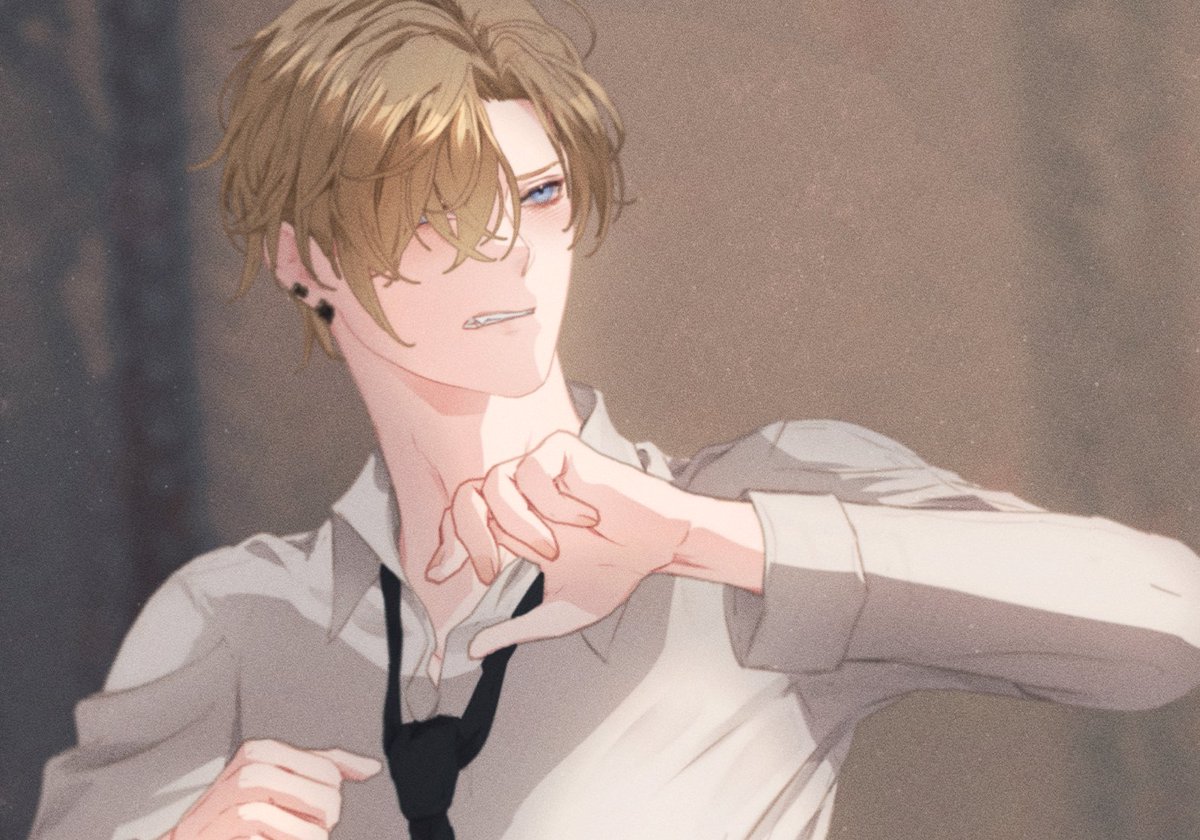 1boy bedge black_necktie blonde_hair blue_eyes collared_shirt degrees_of_lewdity earrings hair_over_one_eye jewelry looking_to_the_side necktie shirt upper_body white_shirt whitney_(degrees_of_lewdity) whitney_(male)_(degrees_of_lewdity)