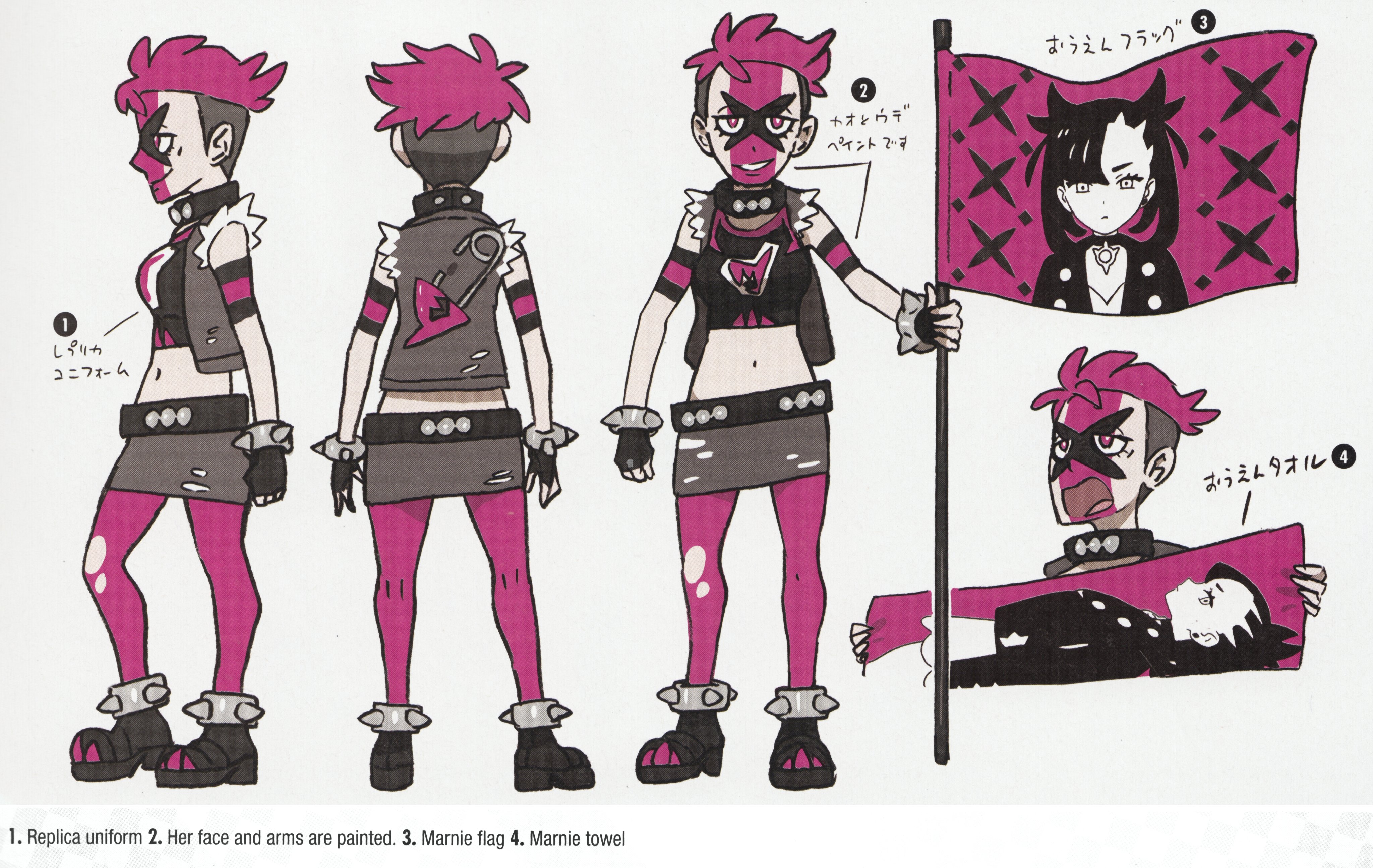 1girl absurdres artbook banner black_boots black_gloves bodypaint boots bright_pupils character_print closed_mouth concept_art english_text eyelashes facepaint fingerless_gloves flag from_behind from_side full_body gloves grey_hair grey_jacket grey_skirt highres holding holding_flag holding_towel jacket marnie_(pokemon) midriff multicolored_hair multiple_views navel nintendo official_art open_clothes open_jacket open_mouth pantyhose pink_eyes pink_hair pink_pantyhose pokemon pokemon_swsh safety_pin scan short_hair simple_background skirt sleeveless sleeveless_jacket smile standing team_yell team_yell_grunt team_yell_grunt_(female) teeth third-party_source tongue torn_clothes torn_jacket torn_pantyhose towel two-tone_hair undercut very_short_hair white_background white_pupils