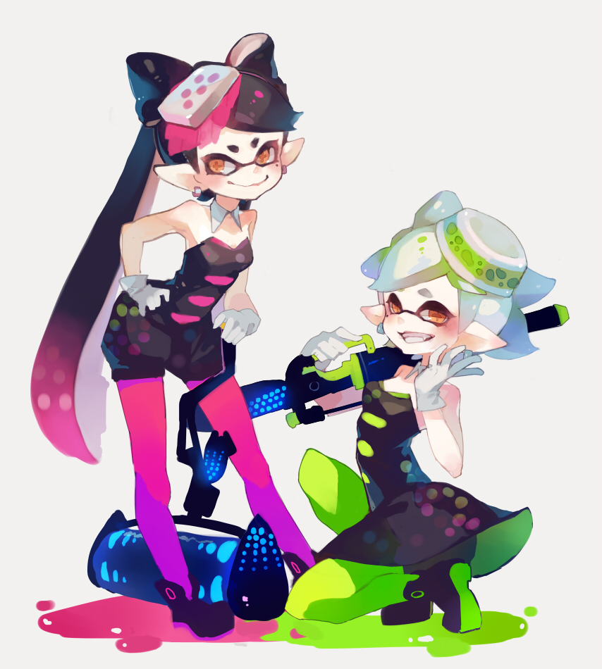 +_+ 2girls bike_shorts black_dress black_hair blush brown_eyes callie_(splatoon) callie_(squid_sisters_outfit)_(splatoon) detached_collar dress earrings fang food food_on_head from_behind from_side gloves green_legwear grin gun holding holding_weapon inkling jewelry kneeling long_hair looking_at_viewer looking_back marie_(splatoon) marie_(squid_sisters_outfit)_(splatoon) mmlu_(honwa_karesu) mole mole_under_eye multiple_girls nintendo object_on_head oversized_object paint_roller paint_splatter pantyhose pointy_ears purple_legwear rifle shoes short_dress short_jumpsuit shorts shorts_under_skirt smile sniper_rifle splatoon_(series) splatoon_1 squatting standing strapless strapless_dress tentacle_hair waving weapon white_background white_gloves