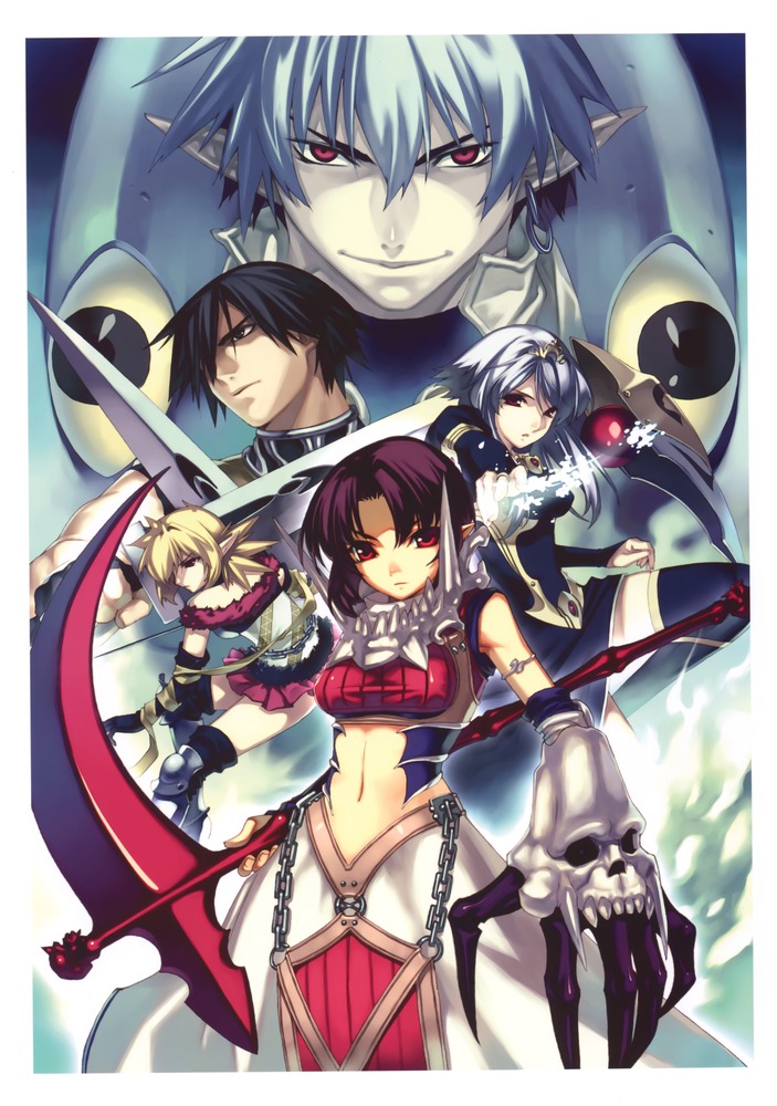 2boys 3girls albino armor armored_dress black_hair black_legwear blonde_hair chain dress gauntlets hirano_katsuyuki hiro_(spectral_force) holding_behind_back holding_polearm holding_polearm_behind_back holding_weapon holding_weapon_behind_back jadou jadou_(spectral_force) mayura_(spectral_force) multiple_boys multiple_girls navel official_art pointy_ears polearm purple_hair red_eyes roze roze_(spectral_souls) scythe short_hair skirt smile spectral_(series) spectral_force spectral_souls spectral_vs_generation sword tabard thighhighs weapon wells_(spectral) wells_(spectral_force) white_dress white_hair