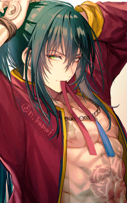 1boy abs arms_behind_head black_hair chain chain_necklace closed_mouth commentary_request fate/grand_order fate_(series) flower_tattoo full-body_tattoo green_eyes hair_between_eyes jacket jewelry kamui_natsuki light_smile long_hair long_sleeves looking_at_viewer male_focus mouth_hold necklace official_alternate_costume pearl_necklace ponytail red_jacket red_ribbon ribbon ribbon_in_mouth smile solo tattoo toned toned_male tying_hair upper_body very_long_hair yan_qing_(fate) yan_qing_(training_wear)_(fate) yin_yang yin_yang_tattoo