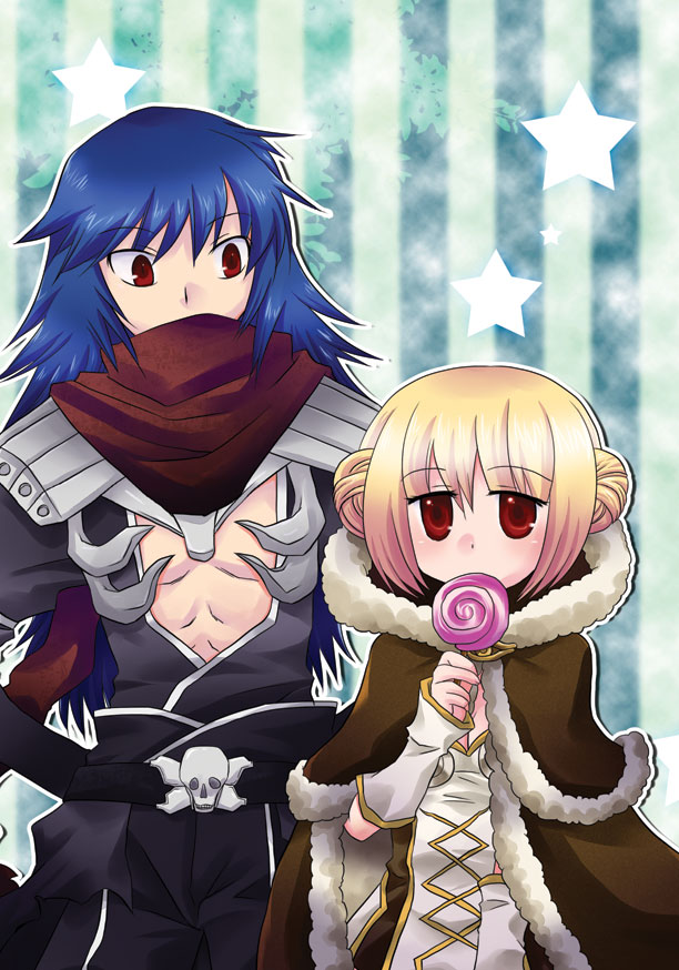 1boy 1girl armor assassin_cross_(ragnarok_online) black_cape black_pants black_shirt blonde_hair blue_background blue_hair blush brown_cape brown_dress candy cape closed_mouth commentary_request cowboy_shot dress eremes_guile food fur-trimmed_cape fur_trim high_wizard_(ragnarok_online) kathryne_keyron lollipop long_hair looking_at_another looking_at_viewer looking_to_the_side mitsue_kyou pants pauldrons ragnarok_online red_eyes red_scarf scarf shirt short_hair shoulder_armor star_(symbol) swirl_lollipop two-tone_dress waist_cape white_dress