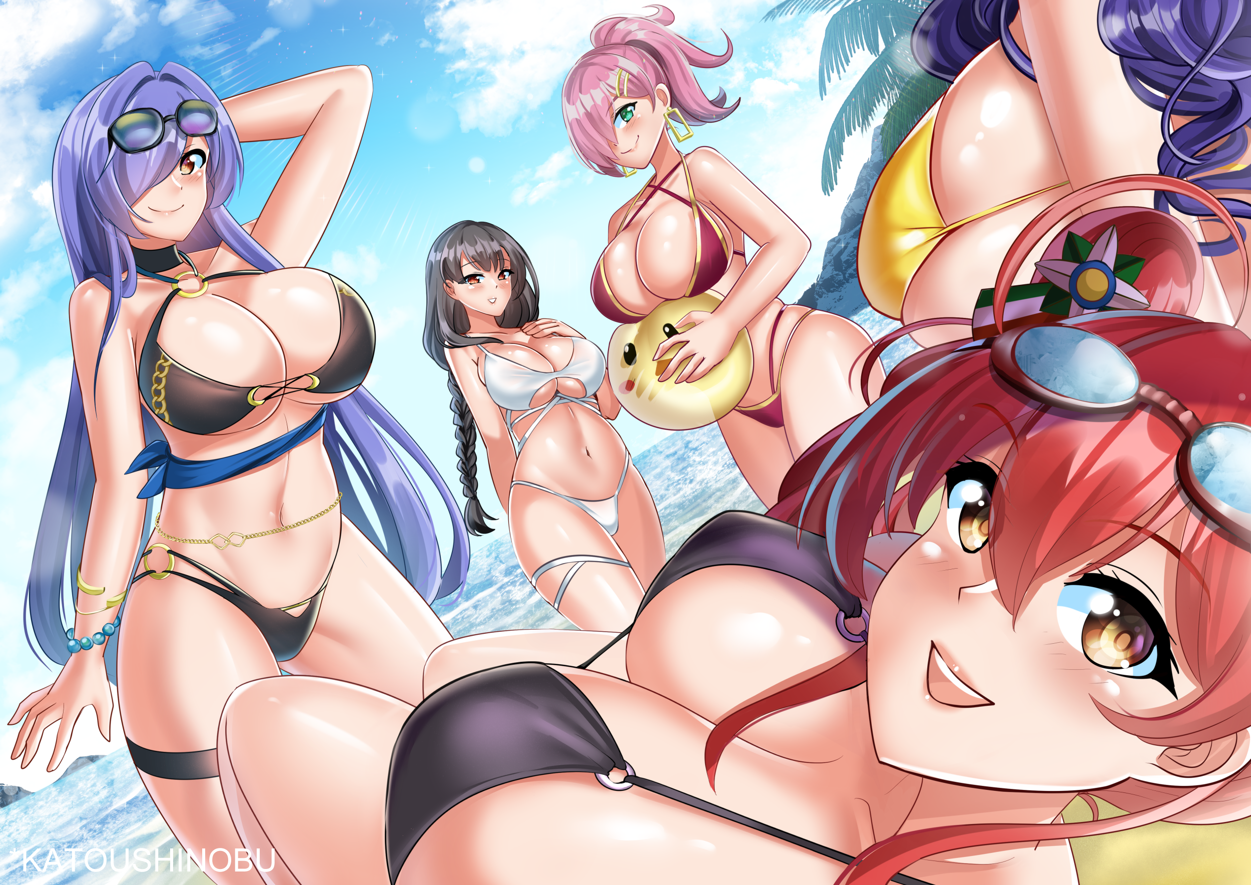 5girls alternate_costume artist_name azur_lane ball beach beachball belly_chain bikini black_bikini black_choker black_hair bolzano_(azur_lane) braid breasts choker covered_erect_nipples criss-cross_halter dutch_angle eyewear_on_head goggles goggles_on_head gold_trim green_eyes hair_over_one_eye halterneck highres holding holding_ball holding_beachball huge_breasts italian_flag jewelry katou_shinobu large_breasts long_hair looking_at_viewer lying multi-strapped_bikini_bottom multiple_girls o-ring o-ring_bikini official_alternate_costume on_back open_mouth orange_eyes out_of_frame pola_(azur_lane) pola_(seaside_coincidence)_(azur_lane) ponytail purple_hair red_bikini red_eyes red_hair shiny_skin side_ponytail single_braid skindentation standing summer swimsuit thigh_strap trento_(azur_lane) trento_(summer's_hotness?)_(azur_lane) trieste_(azur_lane) very_long_hair water white_bikini yellow_bikini yellow_eyes zara_(azur_lane) zara_(poolside_coincidence)_(azur_lane)