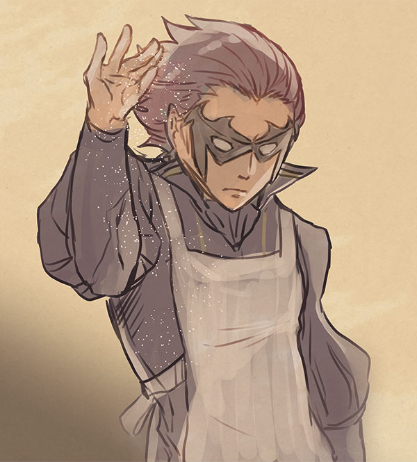 1boy apron armor black_armor closed_mouth fire_emblem fire_emblem_awakening gerome_(fire_emblem) hair_slicked_back male_focus mask meme muni_inno nintendo salt salt_bae_(meme) upper_body white_apron