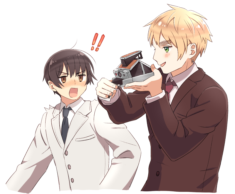 ! !! 2boys axis_powers_hetalia black_hair black_necktie blonde_hair blush brown_eyes brown_jacket buttons camera collared_shirt commentary_request empty_eyes fingernails formal_clothes green_eyes hair_between_eyes hands_up holding holding_camera jacket japan_(hetalia) lapels long_sleeves looking_at_another looking_to_the_side male_focus multiple_boys necktie open_mouth red_necktie shirt short_hair simple_background smile suit suit_jacket tamaki_(q_tamaki) trembling united_kingdom_(hetalia) upper_body v-shaped_eyebrows white_background white_jacket white_shirt