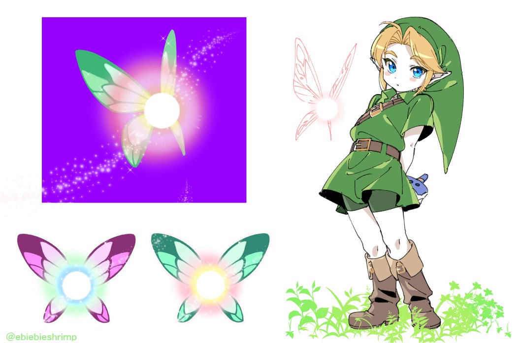 1boy arms_behind_back belt blonde_hair blue_eyes boots brown_belt brown_boots child commentary fairy full_body green_hat green_shorts green_tunic hat holding holding_instrument instrument light_blush link looking_at_viewer navi nintendo ocarina short_hair shorts shoulder_belt shuri_(84k) solo standing symbol-only_commentary tatl the_legend_of_zelda the_legend_of_zelda:_majora&#039;s_mask the_legend_of_zelda:_ocarina_of_time tunic twitter_username young_link
