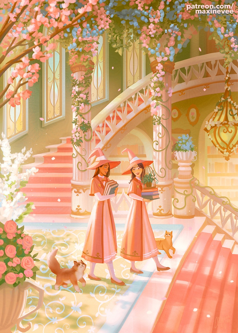 2girls banister blue_flower book book_stack bow bowtie branch brown_hair chandelier column commentary dark-skinned_female dark_skin day dress english_commentary falling_petals flower hanging_plant hat hat_ribbon holding holding_book indoors layered_dress long_hair looking_at_another maxine_vee multiple_girls orange_cat original petals pillar pink_bow pink_bowtie pink_dress pink_flower pink_hat pink_shoes ribbon rug shadow shoes socks stained_glass stairs sunlight walking white_dress white_flower white_ribbon white_socks window witch_hat