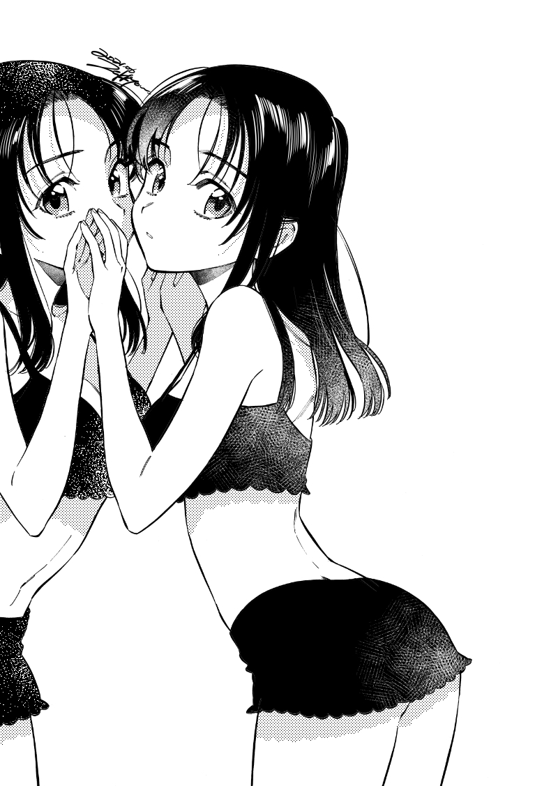 1girl ass bare_arms bare_back breasts cleavage commentary commentary_request cowboy_shot frilled_underwear from_behind kawashima_ami long_hair looking_at_viewer looking_back medium_breasts navel parted_bangs parted_lips reflection sidelocks signature solo straight_hair toradora! underwear underwear_only white_background zekkyou_(h9s9)