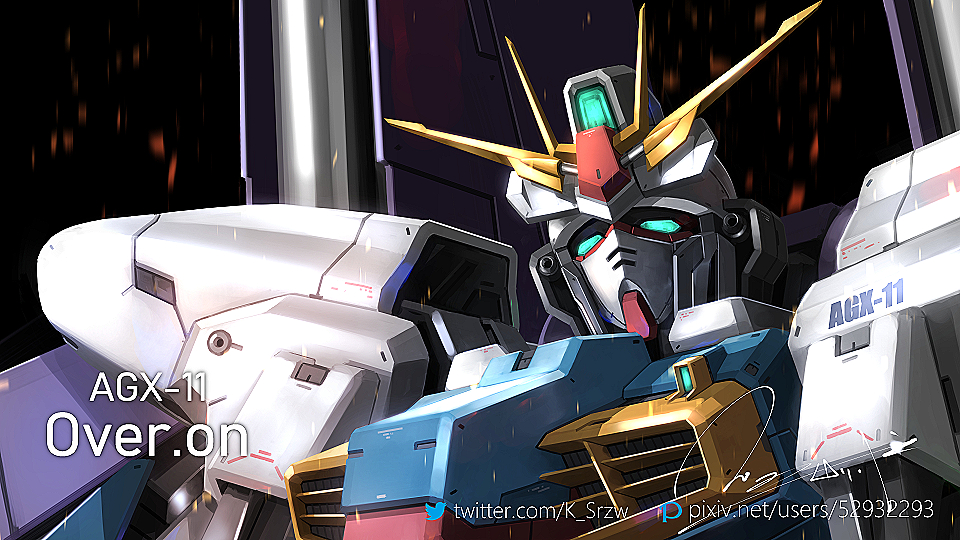 aqua_eyes character_name commentary_request dark_background english_text gundam gundam_walpurgis mecha mobile_suit no_humans over.on pixiv_id pixiv_logo robot science_fiction serike_w signature solo twitter_logo twitter_username upper_body v-fin