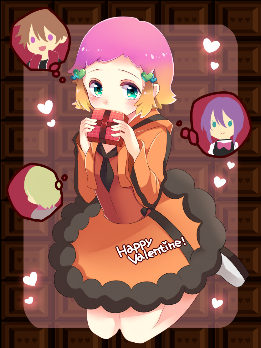 2boys 2girls amata_sora aquarion_(series) aquarion_evol blue_eyes blush box chocolate commentary_request gift gift_box gradient_hair hair_ornament hairclip happy_valentine heart heart_hair_ornament holding holding_gift jin_musou kneeling looking_at_viewer mikono_suzushiro multicolored_hair multiple_boys multiple_girls orange_hair orange_skirt pink_hair shishina skirt solo_focus speech_bubble thought_bubble yunoha_thrul