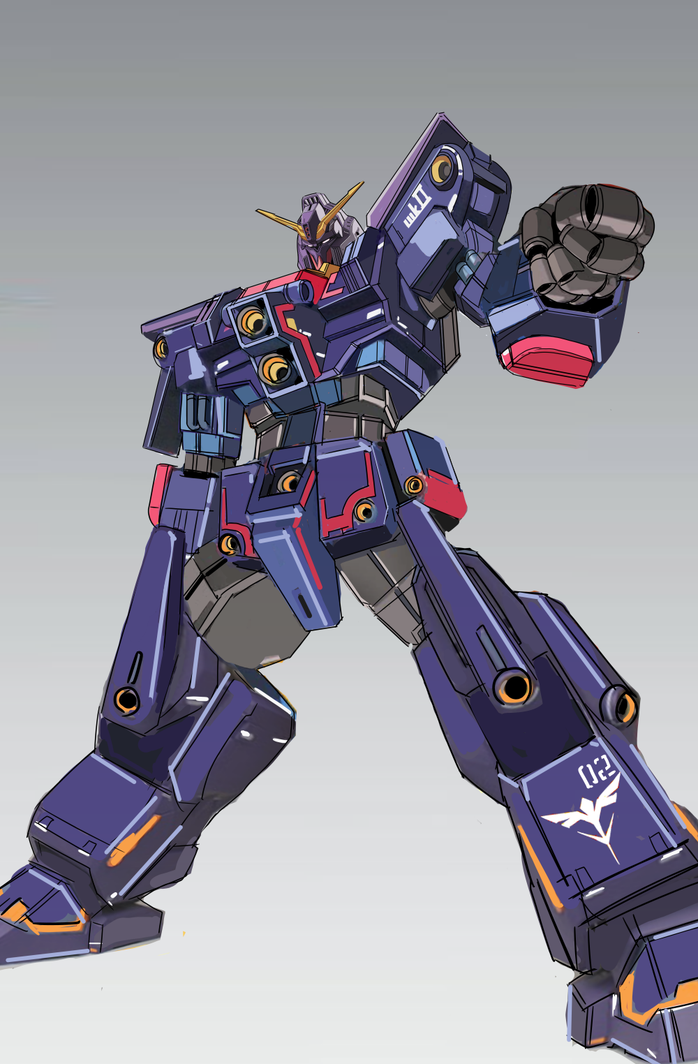 beam_cannon character_name commentary_request emblem gradient_background gundam gundam_zz highres huo_ji_wu machinery mecha mecha_focus mobile_suit neo_zeon no_humans original psyco_gundam_mk_ii redesign robot roundel science_fiction sketch v-fin