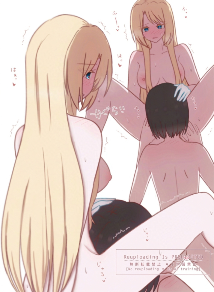 2girls backlighting blonde_hair blue_eyes blush brown_hair completely_nude cunnilingus hand_on_another&#039;s_head kamikoshi_sorawo kgr_1622 long_hair multiple_girls nipples nishina_toriko nude oral short_hair simple_background sweat trembling urasekai_picnic watermark white_background yuri
