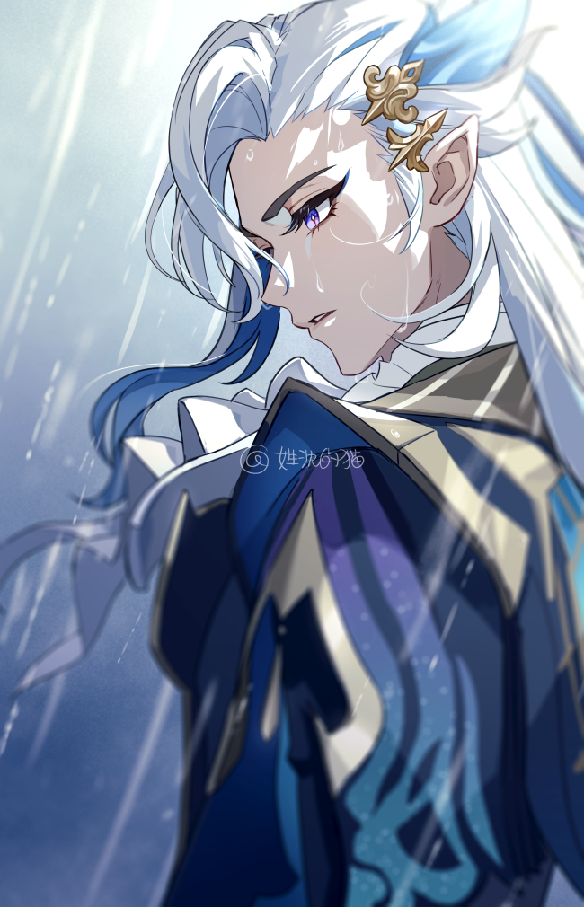 1boy ascot blue_coat blue_eyeliner blue_hair blurry coat depth_of_field eyelashes eyeliner from_side genshin_impact gold_trim hair_between_eyes hair_ornament honlo long_hair looking_down makeup male_focus multicolored_hair neuvillette_(genshin_impact) outdoors parted_lips pointy_ears profile purple_eyes rain solo streaked_hair upper_body wet wet_face white_ascot white_hair