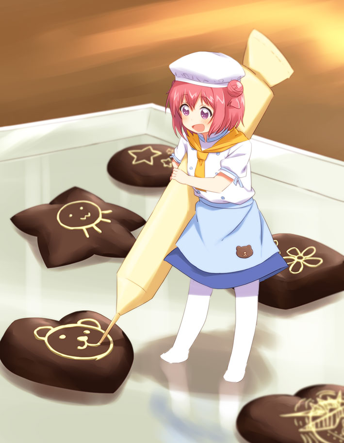 1girl :d akaza_akari baking_sheet chef chef_hat chocolate double_bun female_focus hair_bun hat holding holding_pastry_bag icing mini_person minigirl namori_(fictional_persona) no_shoes open_mouth pastry_bag purple_eyes red_hair shikou_sakugo_(qqap9gt9k) shikousakugo smile solo standing white_legwear yuruyuri