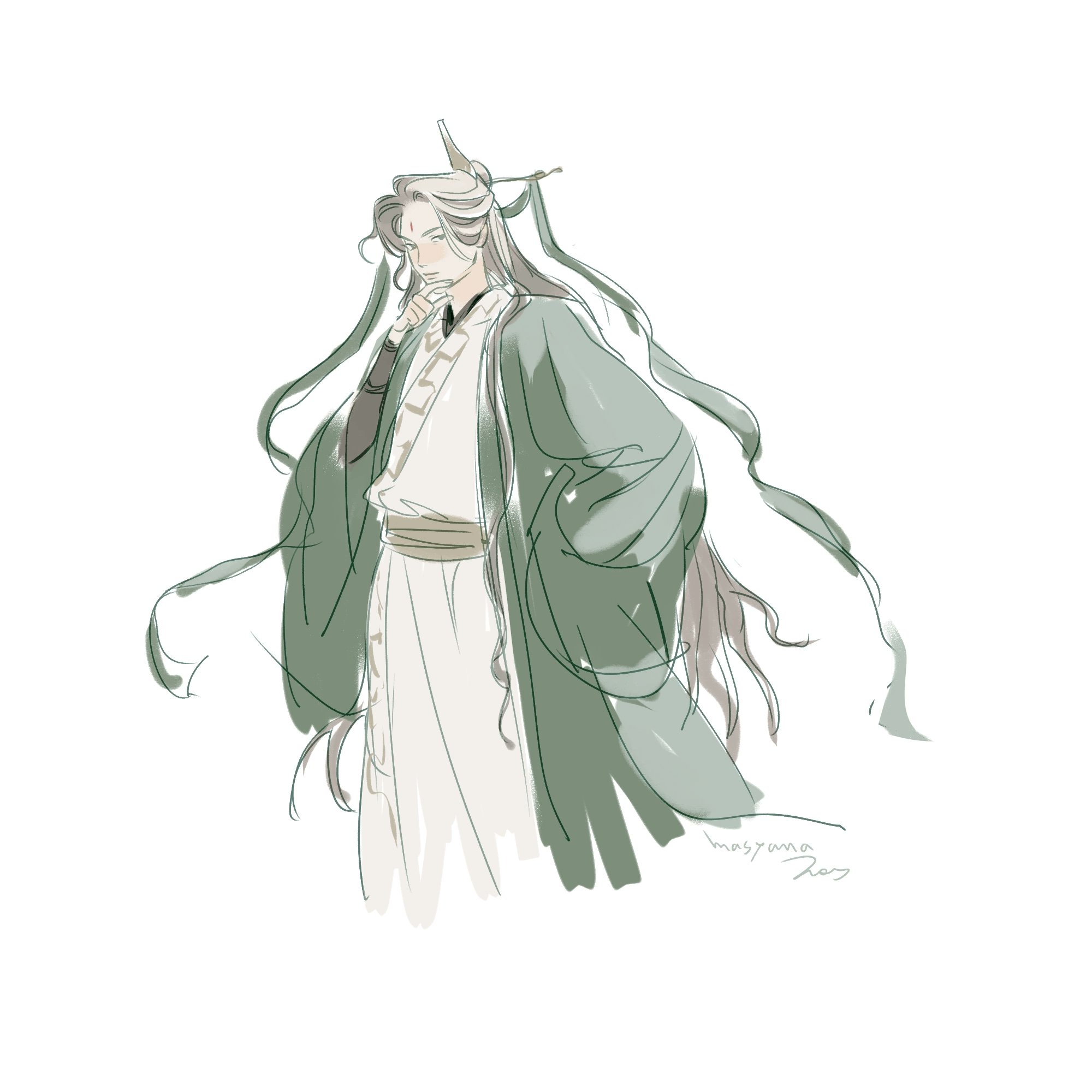 1boy chinese_clothes commentary cropped_torso daxiushan facial_mark forehead_mark green_eyes green_hanfu green_ribbon green_robe hand_on_own_chin hanfu highres layered_sleeves long_hair long_sleeves looking_at_viewer male_focus masyanajoy parted_bangs renzha_fanpai_zijiu_xitong ribbon ribboned_xiao_guan robe shen_qingqiu simple_background sketch solo standing symbol-only_commentary two-tone_robe upper_body very_long_hair white_background white_hair wide_sleeves xiao_guan_(headdress)