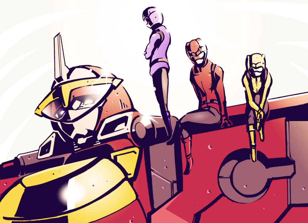 1girl 2boys bad_id bad_pixiv_id belt blue_buster bodysuit cb-01_ace daison helmet horns multiple_boys red_buster single_horn sitting size_difference super_sentai tokumei_sentai_go-busters yellow_buster