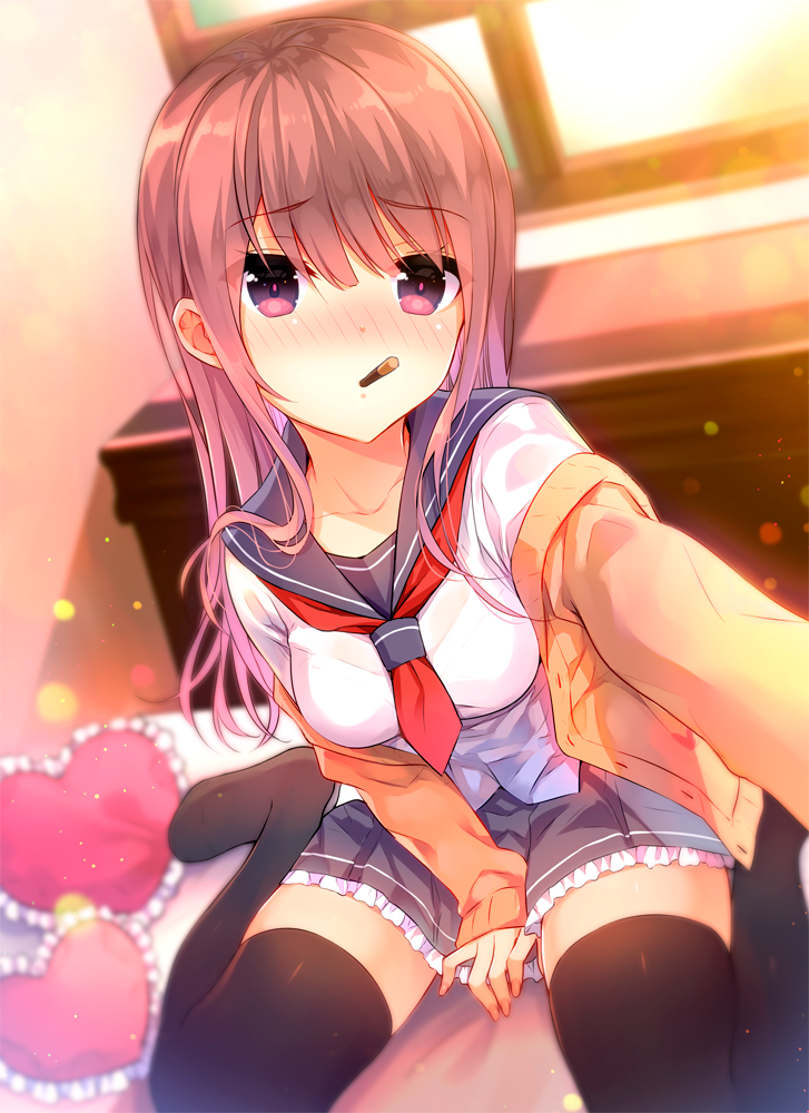 1girl black_thighhighs blush cardigan commentary_request female_focus food long_hair long_sleeves looking_at_viewer mouth_hold neckerchief open_cardigan open_clothes original pink_eyes pink_hair pleated_skirt pocky pocky_kiss pov reaching reaching_towards_viewer school_uniform selfie serafuku shared_food sitting skirt sleeves_past_wrists solo thighhighs wariza yadapot