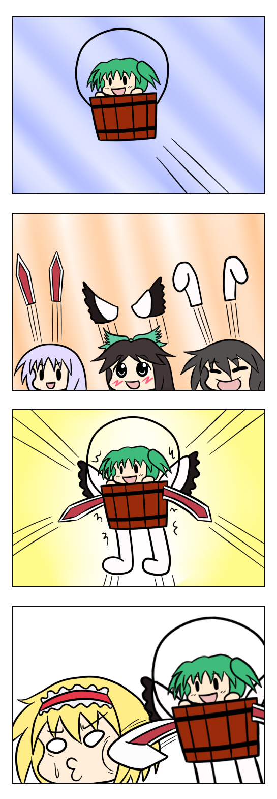 4koma 5girls alice_margatroid bad_id bad_pixiv_id bucket chibi comic face_punch female_focus gattai highres in_bucket in_container in_the_face inaba_tewi kisume multiple_girls nichika_(nitikapo) o3o punching reisen_udongein_inaba reiuji_utsuho silent_comic touhou what