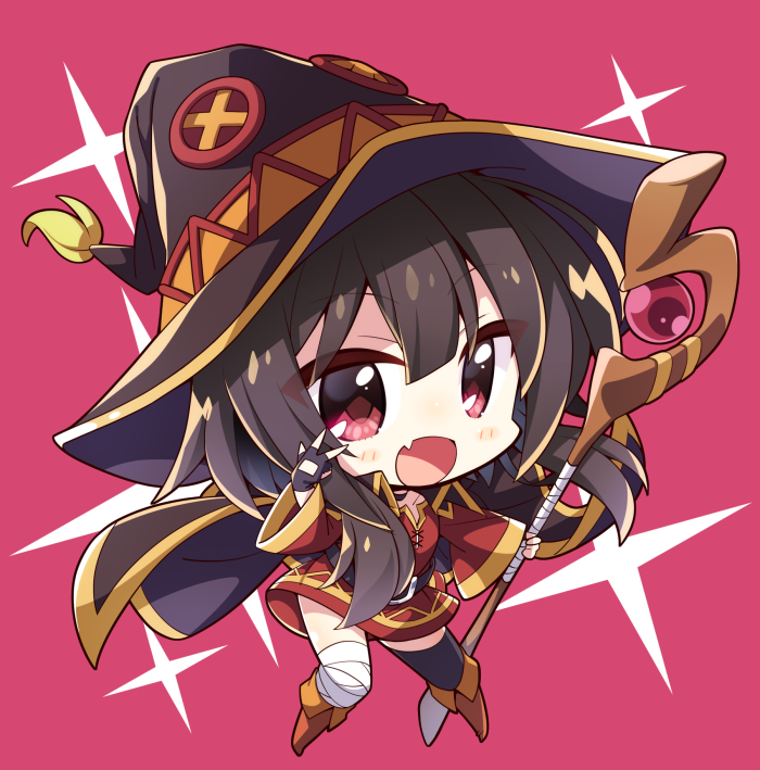 1girl akaneya asymmetrical_legwear bandaged_leg bandages belt blush_stickers brown_belt brown_hair cape chibi dress fang full_body hat holding holding_staff kono_subarashii_sekai_ni_shukufuku_wo! looking_at_viewer megumin open_mouth red_background red_dress red_eyes sidelocks skin_fang solo staff thighhighs w witch_hat