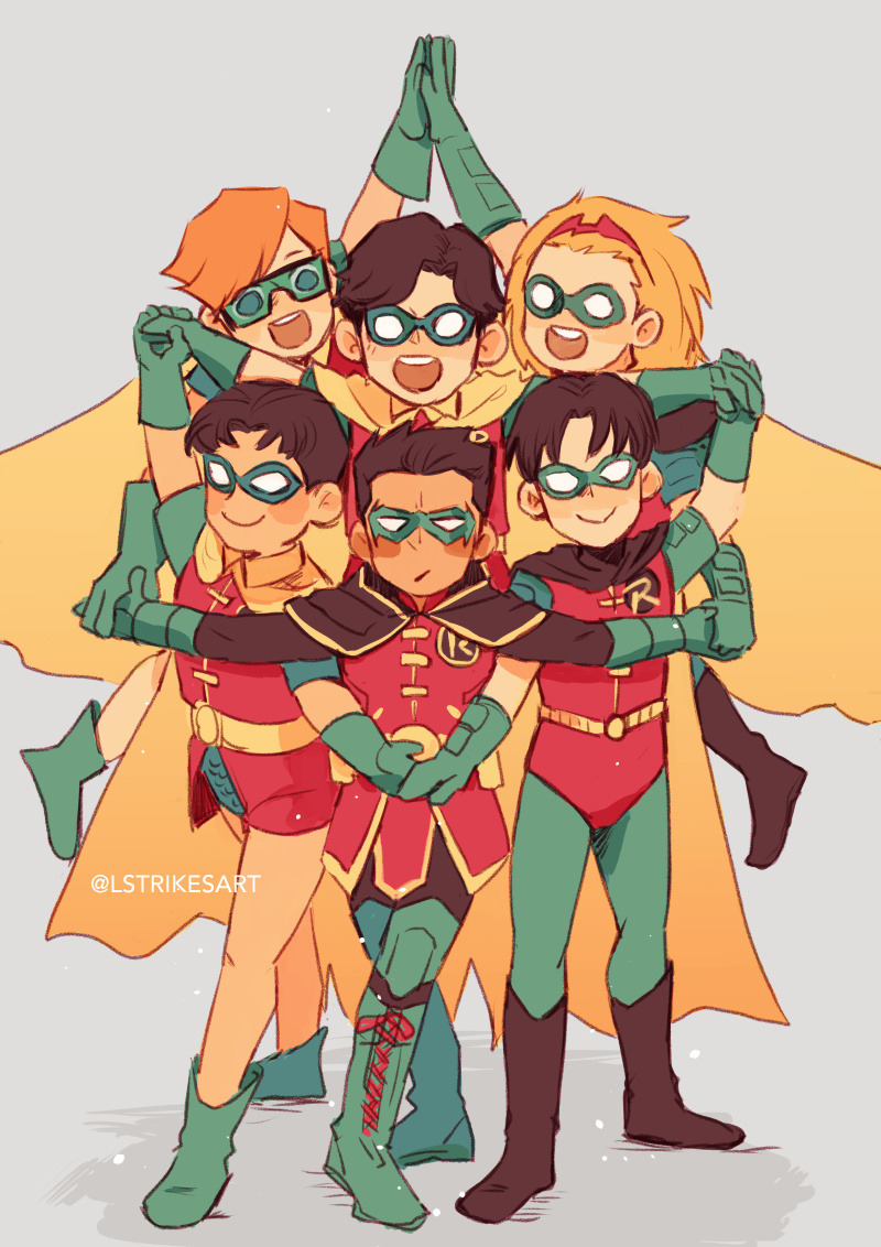 2girls 4boys :d artist_name batman_(series) black_boots black_hair blonde_hair boots cape carrie_kelley child damian_wayne dc_comics dick_grayson domino_mask full_body gloves green_boots green_gloves green_leggings jason_todd leggings leotard lightningstrikes mask meme multiple_boys multiple_girls open_mouth photo-referenced red_leotard robin_(dc) simple_background smile stephanie_brown superhero_costume tim_drake twitter_username yellow_cape