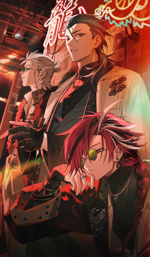 3boys adjusting_clothes adjusting_gloves black_eyes black_gloves black_hair black_jacket black_shirt braid cameo chinese_clothes closed_mouth coat coat_on_shoulders earrings eyewear_strap fate/grand_order fate_(series) gloves green-tinted_eyewear grey_shirt grey_vest hair_bun hair_over_shoulder hair_slicked_back hand_on_own_cheek hand_on_own_face itefu jacket jewelry lapels long_hair long_sleeves looking_ahead looking_at_viewer low_ponytail male_focus missing_poster multicolored_hair multiple_boys necklace neon_sign notched_lapels official_art oryou_(fate) pankou parted_lips ponytail red_eyes red_hair ring round_eyewear sakamoto_ryouma_(fate) shirt sidelighting single_braid single_hair_bun squatting standing sunglasses takasugi_shinsaku_(fate) takeda_shingen_(fate) tangzhuang tinted_eyewear turtleneck vest white_coat white_hair