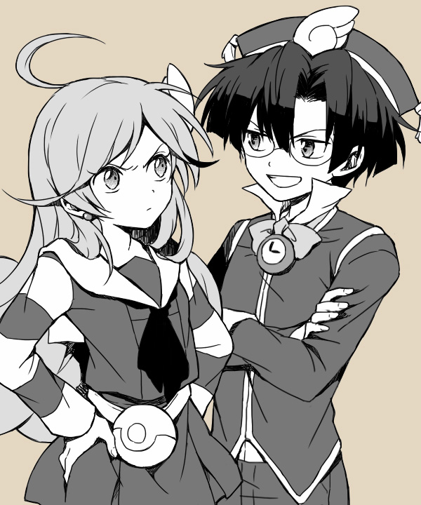 1boy 1girl ahoge angry clock closed_mouth crossed_arms eyelashes glasses greyscale grin hair_between_eyes hana_(mew) hands_on_own_hips klug_(puyopuyo) monochrome neckerchief pout puyopuyo puyopuyo_fever raffina_(puyopuyo) short_hair skirt smile smug