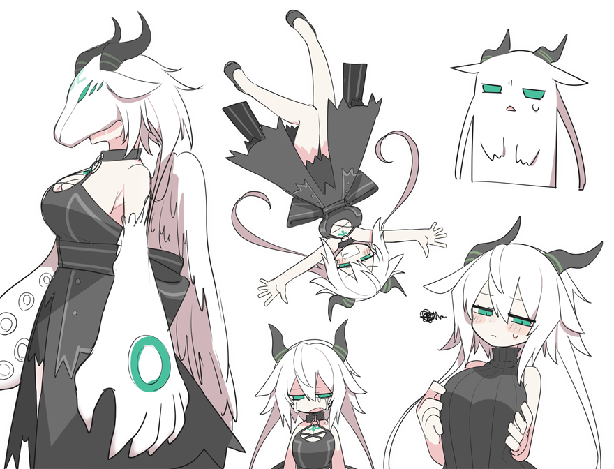 1girl arms_at_sides asymmetrical_arms bare_legs bare_shoulders black_collar black_dress black_footwear black_horns black_sweater breasts cleavage closed_mouth collar commentary_request covered_face crying crying_with_eyes_open dress from_side glaring green_eyes grin half-closed_eyes hands_on_own_breasts hands_up horns kisaragi_kaya large_breasts long_hair looking_at_viewer mask multiple_views open_mouth original ribbed_sweater shoes short_hair_with_long_locks sketch sleeveless sleeveless_dress sleeveless_sweater slime_(substance) slit_pupils smile squiggle streaming_tears suction_cups sweater syrgoth_(kisaragi_kaya) tears tentacle_arm triangle_mouth turtleneck turtleneck_sweater upside-down very_long_hair white_background white_hair white_mask white_wings wings