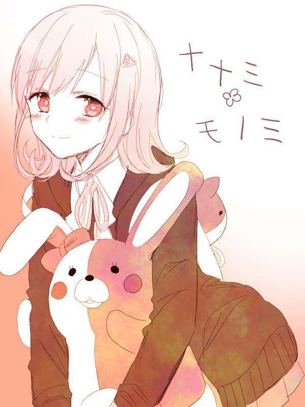 1girl animal_bag blush cat_bag collared_shirt danganronpa_(series) danganronpa_2:_goodbye_despair flipped_hair hair_ornament hood jacket long_sleeves looking_at_viewer medium_hair monomi_(danganronpa) nanami_chiaki neck_ribbon open_clothes open_jacket pink_bag pink_eyes ribbon shirt smile solo spaceship_hair_ornament usami_(zenyasai) white_shirt