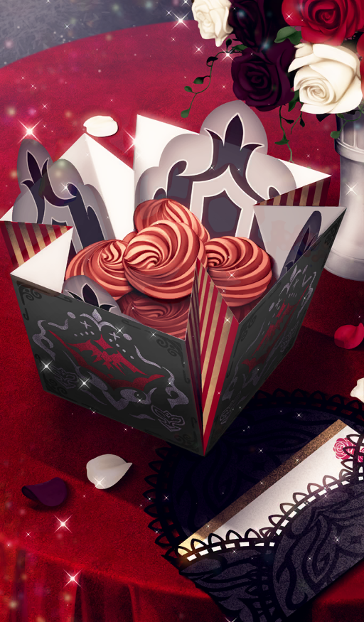 box commentary envelope fate/grand_order fate_(series) flower food food_focus hayosena in_box in_container no_humans official_art paper petals purple_flower purple_rose red_flower red_rose red_theme rose rose_petals sparkle still_life sweets third-party_source vase white_flower white_rose