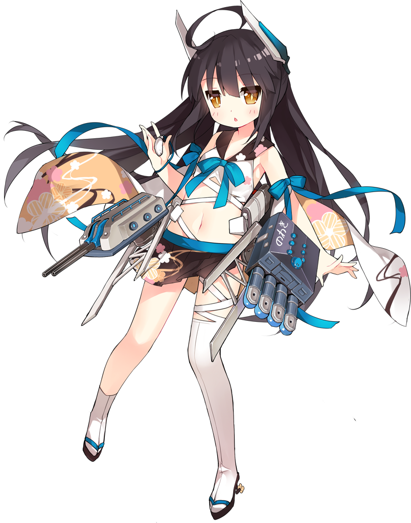 1girl :o ahoge armpits asymmetrical_legwear azur_lane bare_shoulders black_skirt blue_neckwear blue_ribbon blush breasts bright_pupils chestnut_mouth cleavage collarbone crop_top eyebrows eyes_visible_through_hair female_focus floating_hair floral_print full_body groin hair_between_eyes hair_ornament huge_ahoge legs_apart long_hair looking_at_viewer machinery midriff miniskirt navel nowaki_(azur_lane) official_art open_mouth orange_eyes palms pleated_skirt ribbon sailor_collar saru school_uniform serafuku ship_turret shirt skirt sleeveless sleeveless_shirt small_breasts solo stomach straight_hair tabi thighhighs tongue torpedo transparent_background uneven_legwear white_shirt white_thighhighs yellow_pupils zettai_ryouiki