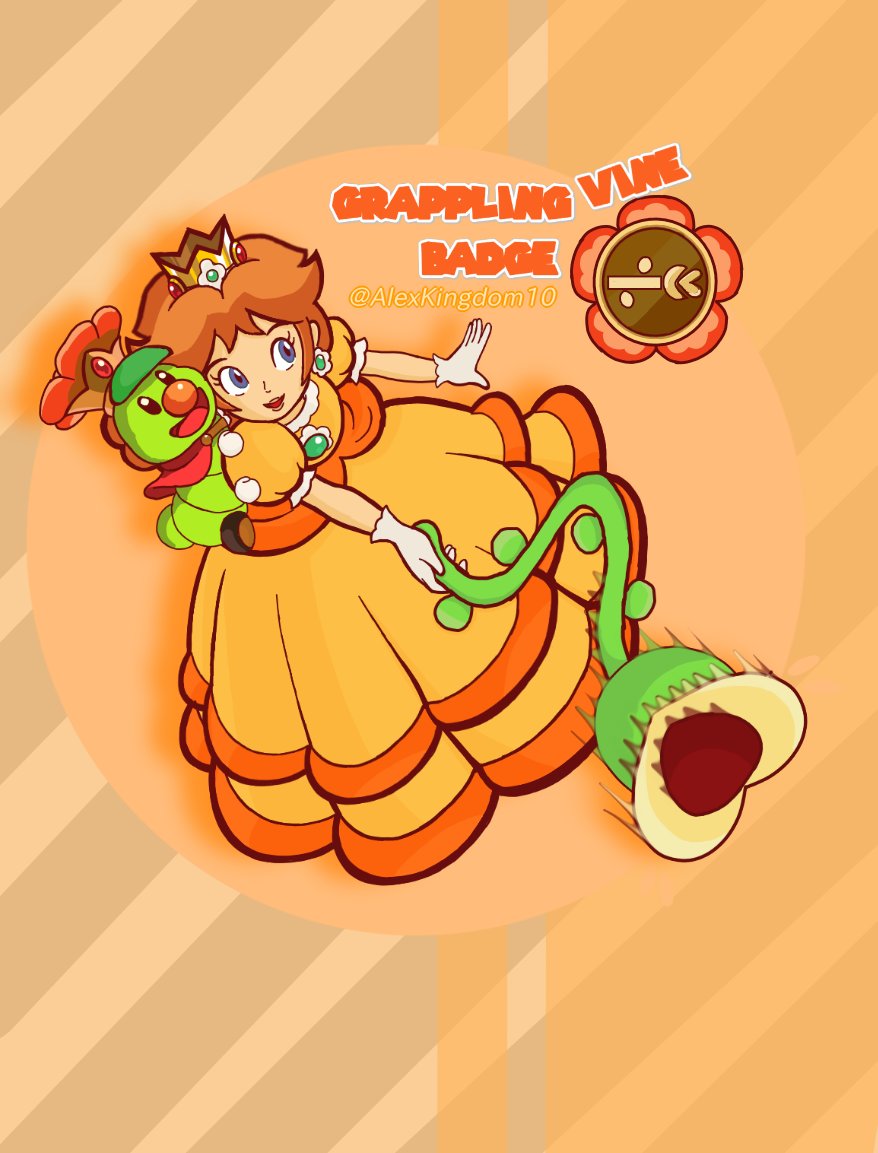 1boy 1girl blue_eyes breasts brown_hair crown dress earrings flower_earrings full_body gloves grin jewelry mario_(series) nintendo open_mouth orange_dress plant prince_florian princess_daisy puffy_short_sleeves puffy_sleeves short_sleeves smile standing super_mario_bros._wonder vine_(mario) vine_whip