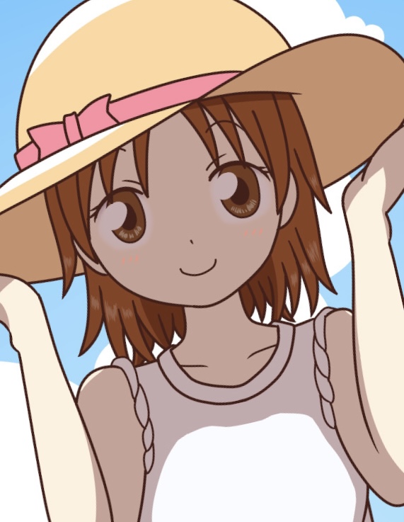 amame_(miu) blue_sky bow brown_eyes brown_hair collarbone doodles hat hat_bow holding holding_unworn_clothes holding_unworn_hat looking_at_viewer ooi!_tonbo ooi_tonbo outdoors pink_bow short_hair sky smile straw_hat tank_top unworn_hat unworn_headwear white_tank_top