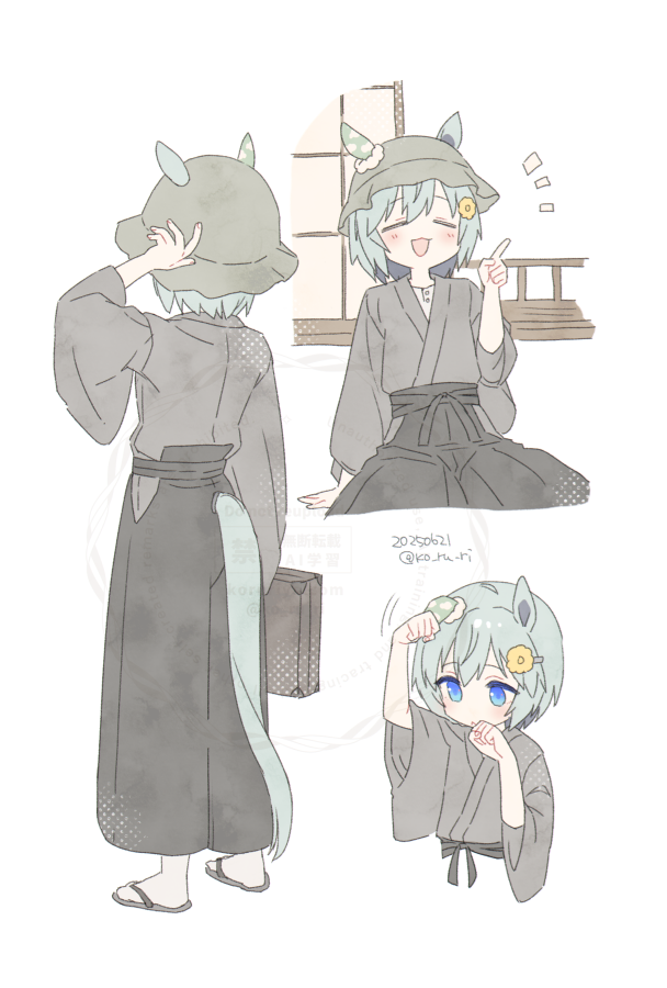 1girl :d animal_ears arm_up black_hakama blue_eyes blush closed_eyes commentary_request cropped_torso dated ears_through_headwear flower grey_hair grey_hat grey_kimono hair_between_eyes hair_flower hair_ornament hairclip hakama hakama_skirt hand_on_headwear hand_up hat horse_ears horse_girl horse_tail index_finger_raised japanese_clothes kimono koruri long_sleeves multiple_views notice_lines open_mouth paw_pose seiun_sky_(umamusume) sitting skirt smile standing suitcase tail twitter_username umamusume white_background wide_sleeves yellow_flower