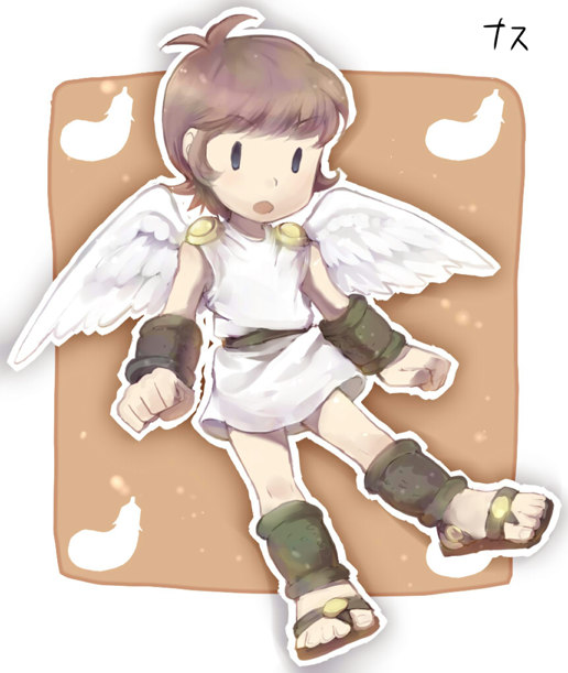1boy :o ancient_greek_clothes angel angel_wings azumi_(tks-sd) child chiton clenched_hands eggplant food full_body greco-roman_clothes kid_icarus kid_icarus_(nes) male_focus nintendo open_mouth orange_background pit_(kid_icarus) sandals short_hair sidelocks vegetable white_wings wings