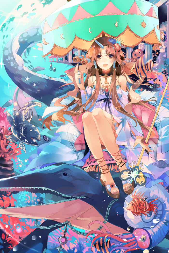 2girls ammonite binoculars brown_eyes brown_hair chain commentary_request detached_sleeves fish hair_tubes horns inishie_no_megami_to_houseki_no_ite kirero long_hair looking_at_viewer multiple_girls octopus original plesiosaur prehistoric_animal sandals single_horn sitting solo_focus staff umbrella underwater