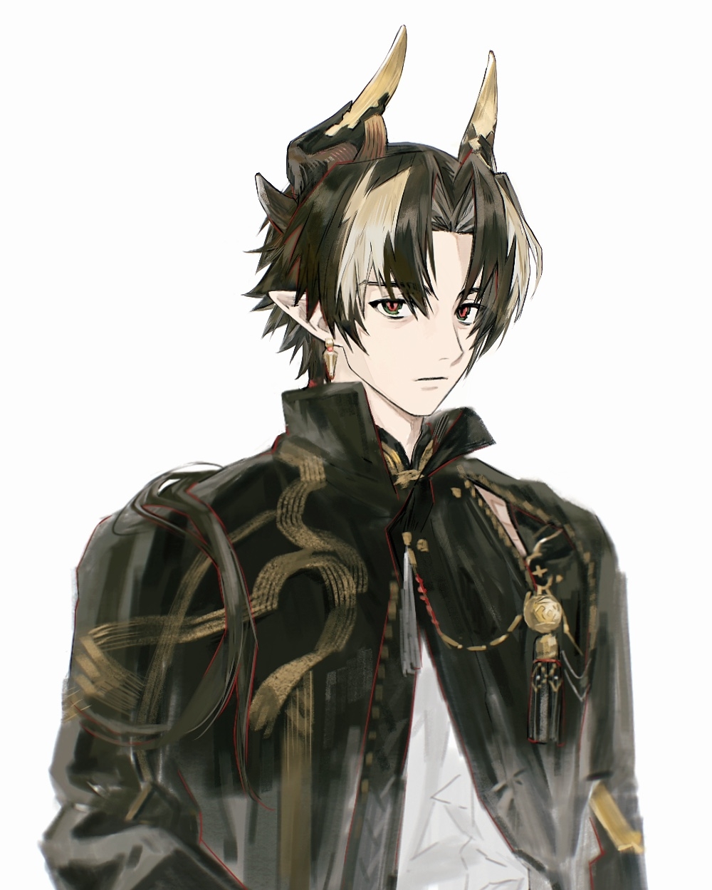 1boy arknights black_hair black_jacket brown_hair chinese_commentary chongyue_(arknights) closed_mouth commentary_request earrings expressionless hair_intakes highres horns jacket jewelry long_hair looking_at_viewer male_focus multicolored_hair otiyo pointy_ears red_eyes simple_background solo streaked_hair upper_body white_background white_hair