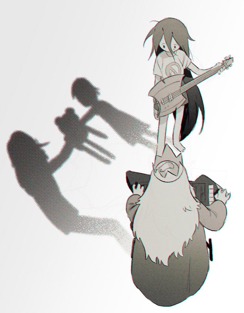 1boy 1girl adventure_time ax_bass bac0n_pancakes bass_guitar cartoon_network crown greyscale highres holding holding_instrument ice_king instrument lineart long_hair marceline_abadeer messy_hair monochrome shadow shirt simple_background stuffed_animal stuffed_toy t-shirt teddy_bear white_background