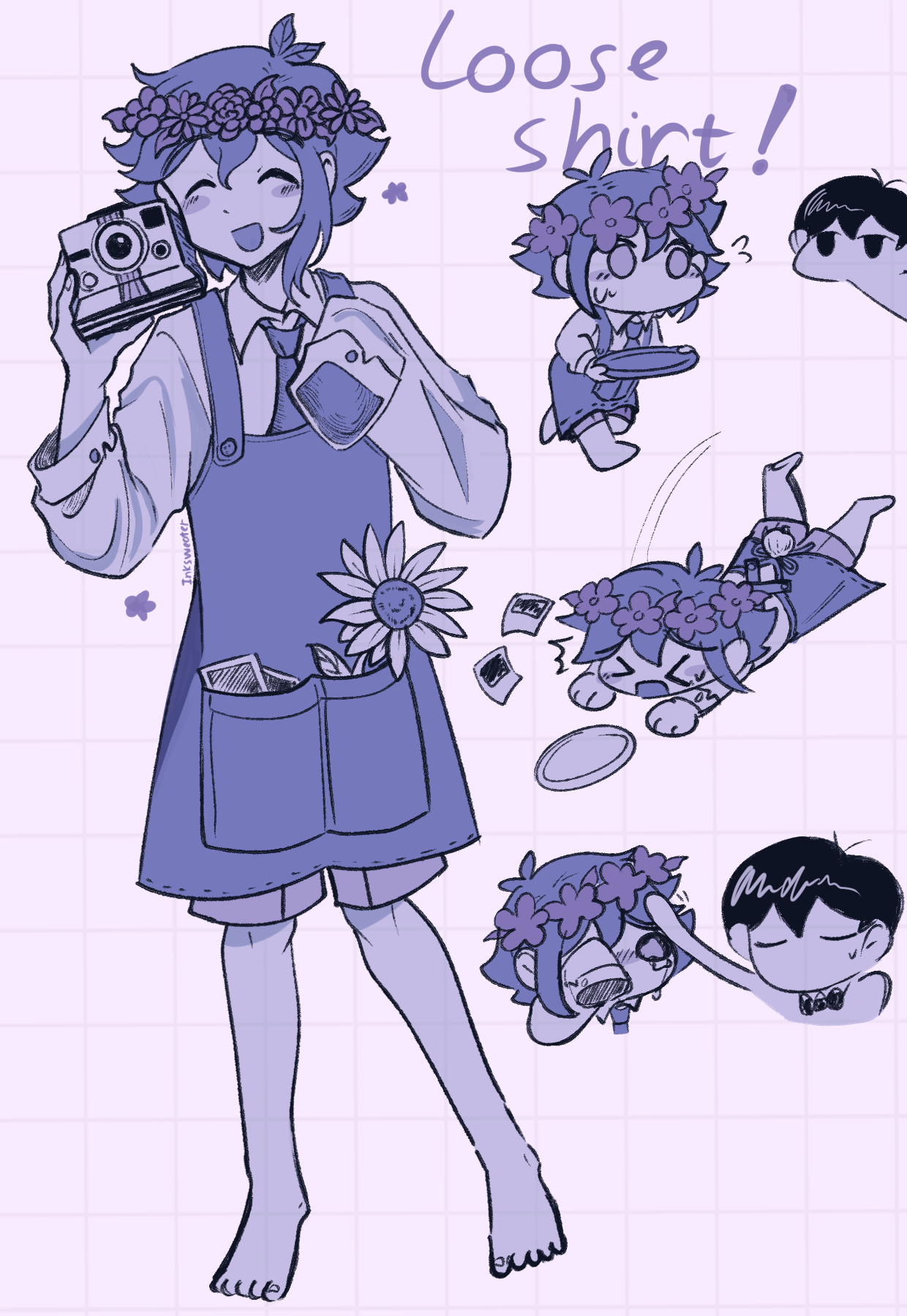 >_< 2boys :o antenna_hair apron barefoot basil_(headspace)_(omori) basil_(omori) black_bow black_bowtie blue_theme blush bow bowtie camera closed_eyes closed_mouth collared_shirt flower flying_sweatdrops head_wreath headpat highres holding holding_camera holding_tray inksweater limited_palette long_sleeves looking_at_another male_focus multiple_boys necktie omori omori_(omori) open_mouth photo_(object) shirt short_hair smile sunflower tray