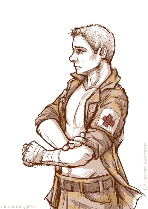 1boy animification bandages belt character_name cross expressionless john_hamish_watson looking_away male_focus non-web_source open_clothes open_shirt pants profile red_cross sherlock_(bbc) shirt short_hair simple_background solo