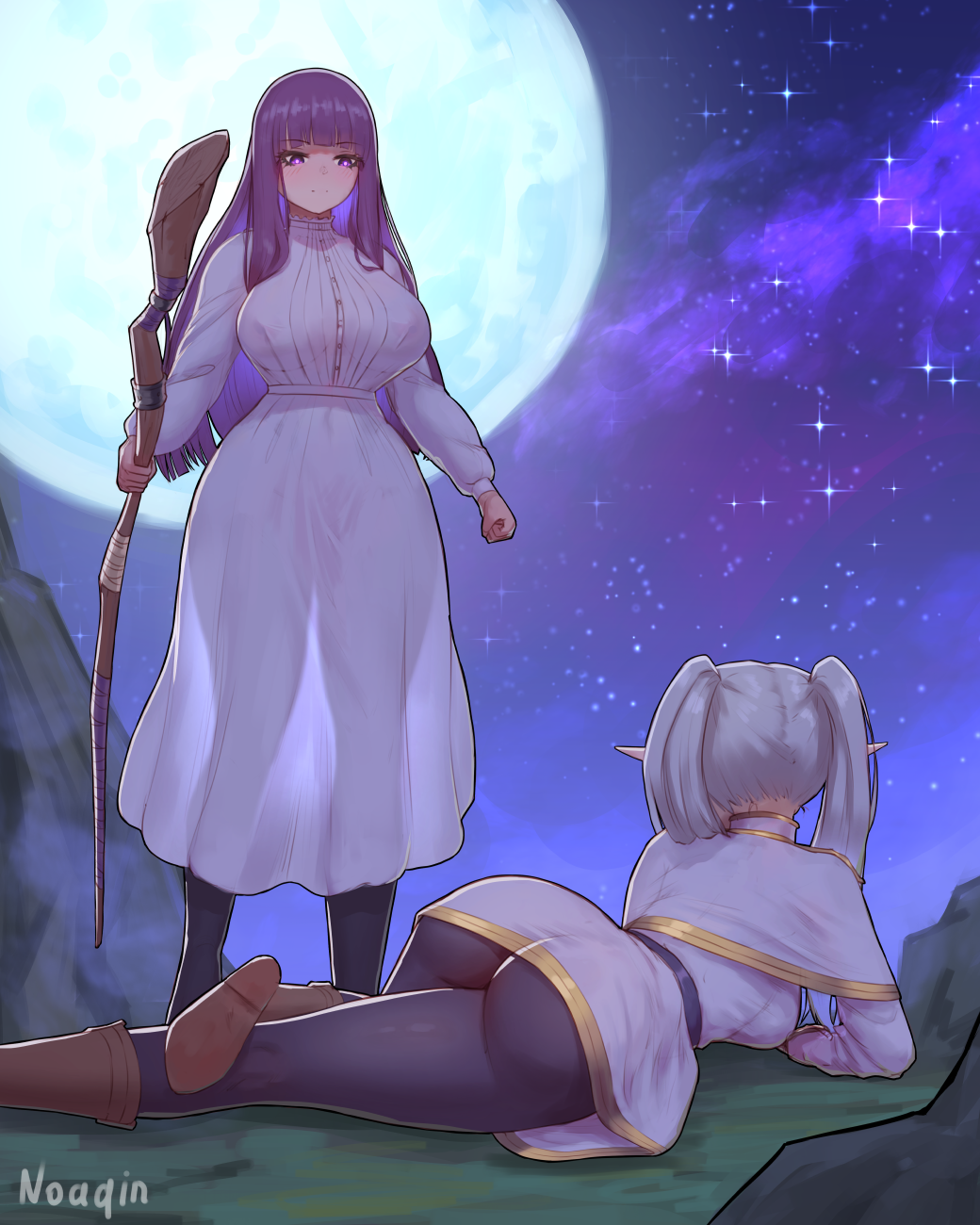 2girls alternate_body_size alternate_breast_size artist_name ass ass_focus belt black_pantyhose boots breasts brown_boots cloud cloudy_sky curvy dress elf fern_(sousou_no_frieren) frieren full_moon grass highres holding holding_staff huge_breasts long_bangs long_hair looking_at_another lying marvel medium_breasts meme moon multiple_girls narrow_waist night night_sky noaqin on_stomach pantyhose parody pointy_ears purple_eyes purple_hair rock rogue_vs_apocalypse_(meme) scene_reference see-through_clothes see-through_dress see-through_silhouette sky sousou_no_frieren staff star_(sky) starry_sky twintails white_hair x-men x-men:_the_animated_series