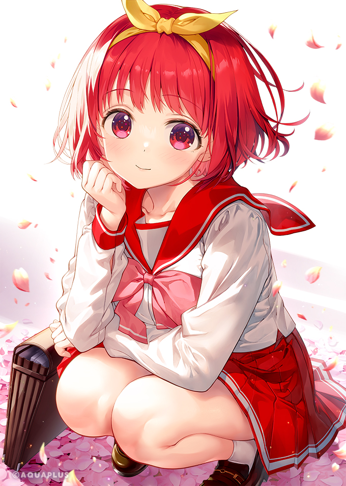 1girl bag bow bowtie fujima_takuya full_body hair_ribbon hairband kamigishi_akari looking_at_viewer miniskirt petals pink_bow pink_bowtie red_eyes red_hair red_sailor_collar red_skirt ribbon sailor_collar sailor_shirt school_bag shirt short_hair skirt solo squatting to_heart to_heart_(series) white_shirt yellow_hairband