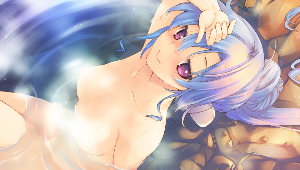 1girl aquaplus blue_hair convenient_censoring dungeon_travelers_2 female_focus from_above game_cg hand_on_another&#039;s_head hand_on_own_head ist jitome kokonoka leaning_back long_hair nude official_art onsen ponytail purple_eyes sitting smile solo steam wading water