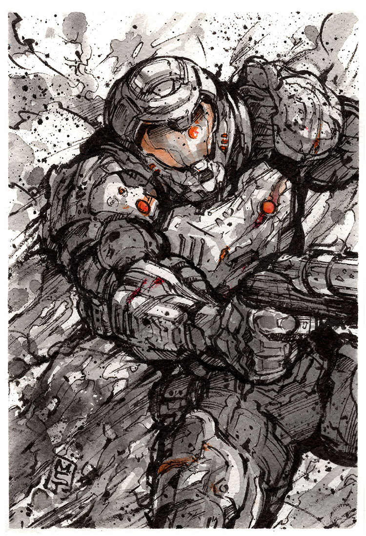 1boy armor commentary doom_(series) doom_eternal doomguy english_commentary gun handgun helmet holding holding_gun holding_weapon ink_(medium) looking_ahead male_focus mycks pistol science_fiction smoke solo spot_color traditional_media visor weapon