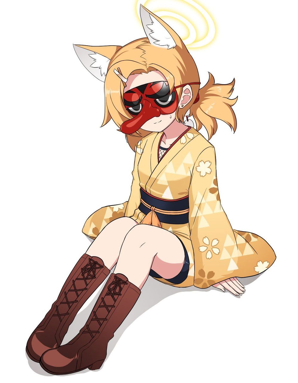 1girl animal_ears blonde_hair blue_archive boots brown_boots closed_mouth commentary_request extra full_body hair_ornament hairclip halo highres japanese_clothes kimono lace-up_boots long_sleeves mask medium_hair nanju_bami obi sash short_twintails simple_background solo street_mouryo_(rl)_(blue_archive) tengu_mask twintails white_background wide_sleeves yellow_halo yellow_kimono