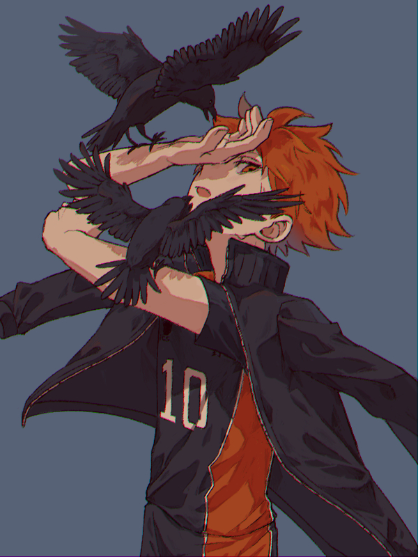 1boy bird crow haikyuu!! hinata_shouyou jacket jersey male_focus open_clothes open_jacket open_mouth orange_eyes orange_hair tomoja_rs