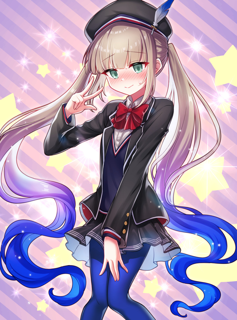 1boy black_hat black_jacket black_skirt blazer blue_hair blue_pantyhose blush bow bowtie captain_nemo_(fate) crossdressing fate/grand_order fate_(series) gradient_hair green_eyes hat hat_feather highres jacket light_brown_hair long_hair long_sleeves low_twintails male_focus miniskirt multicolored_hair nemo_(fate) nose_blush pantyhose pleated_skirt red_bow red_bowtie school_uniform shell_ocean skirt smile solo sweatdrop trap twintails very_long_hair
